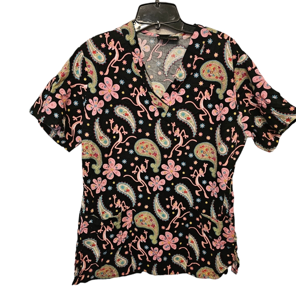 Paisley‎ Pink Panther nurse scrub top V-neck Size Small